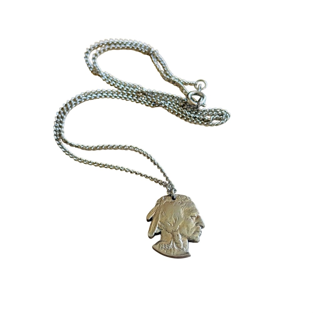 VTG Indian Head‎ Buffalo Nickel Coin Cutout necklace Silver Tone Retro 70s 19"